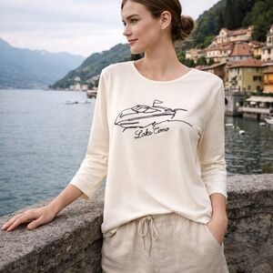 Talbots Womens Boat Print Graphic Tee Sz M Cream Lake Como Coastal Old Money